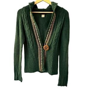 Nina Green Hooded‎ Ribbon Single Button Boho Vintage Wool Blend Cardigan Size S